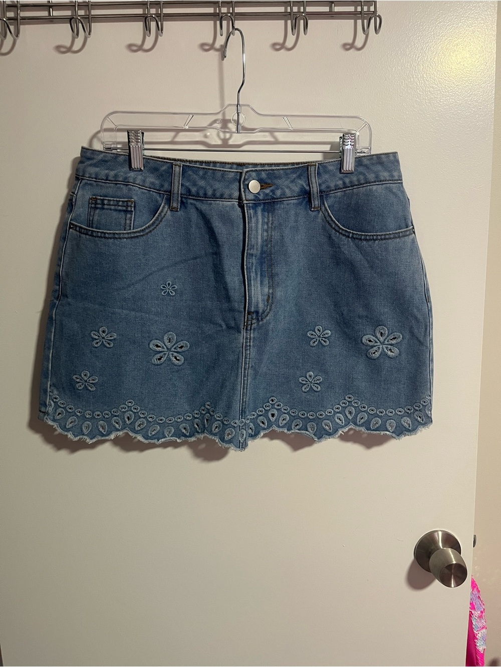 Cider Blue Denim Embroidered Scallop-Hem Mini Skirt